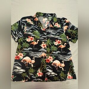 Flamingo Print Black Button Down Shirt